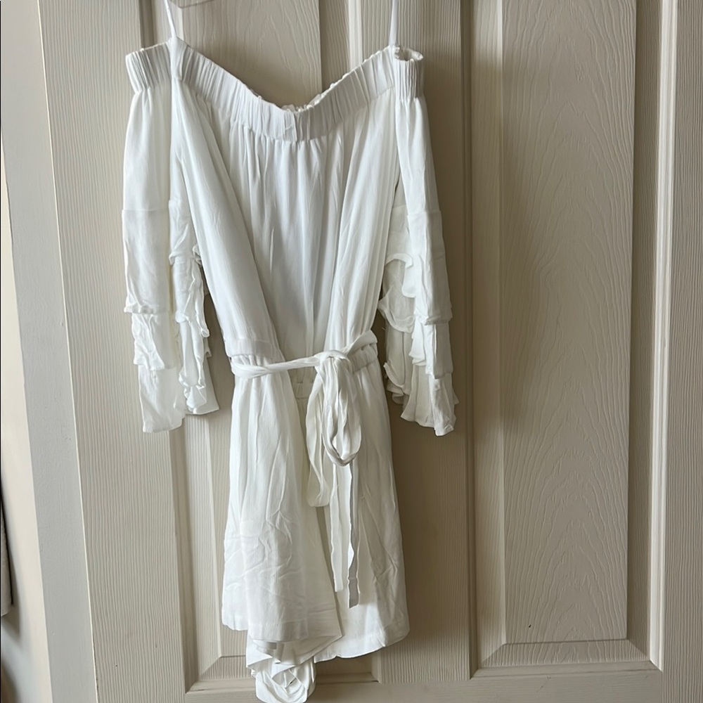 White Off-Shoulder Romper with Ruffle Sleeves